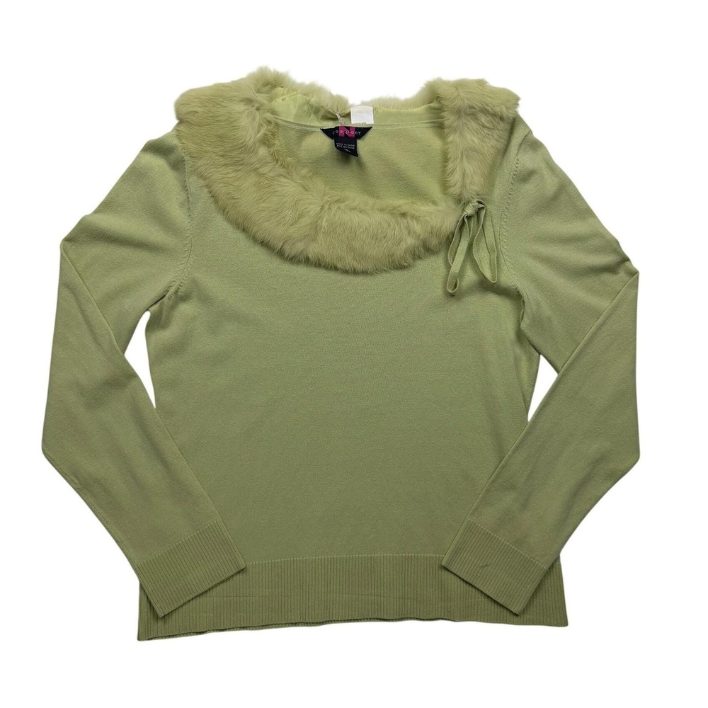 Y2K Company N Lime Green Silk Sweater Rabbit Fur Collar Set Medium
